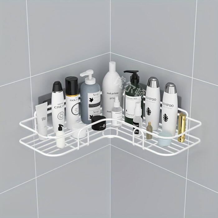 1pc Corner Shower Caddy Rack, No-Drill Wall Mounted Bathroom Shampoo Holder, Space-Saving Kitchen Storage Organizer Shelf - Image 2