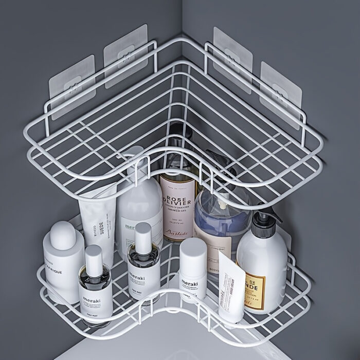 1pc Corner Shower Caddy Rack, No-Drill Wall Mounted Bathroom Shampoo Holder, Space-Saving Kitchen Storage Organizer Shelf - Image 4